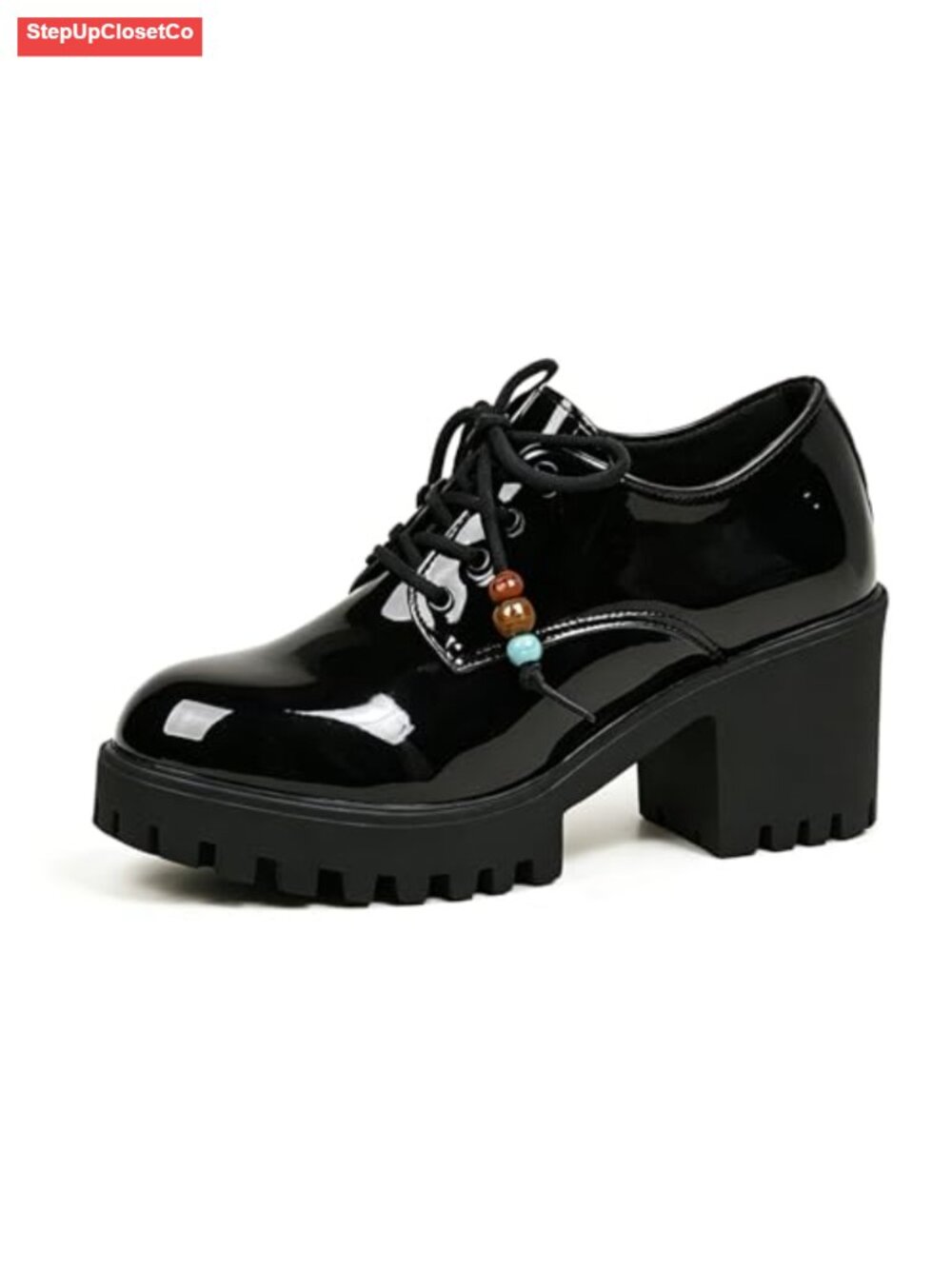 Patent Leather Platform Chunky Heel Oxfords Fashion Beaded Lace Up Comfortable